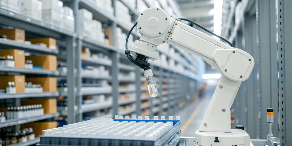 AI-powered robotic arm handling vials for pharma compliance.
