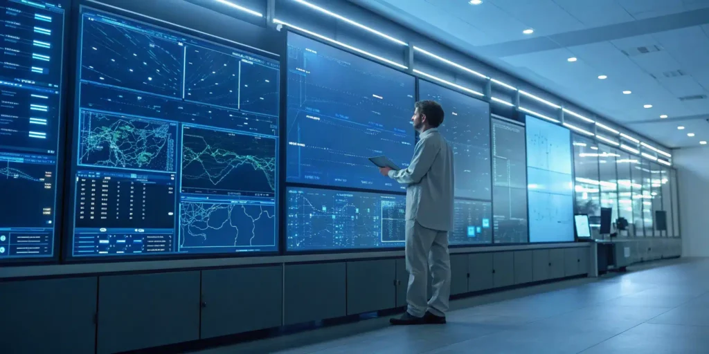 Automated EPCIS messaging data displayed on screens in a pharma control room.