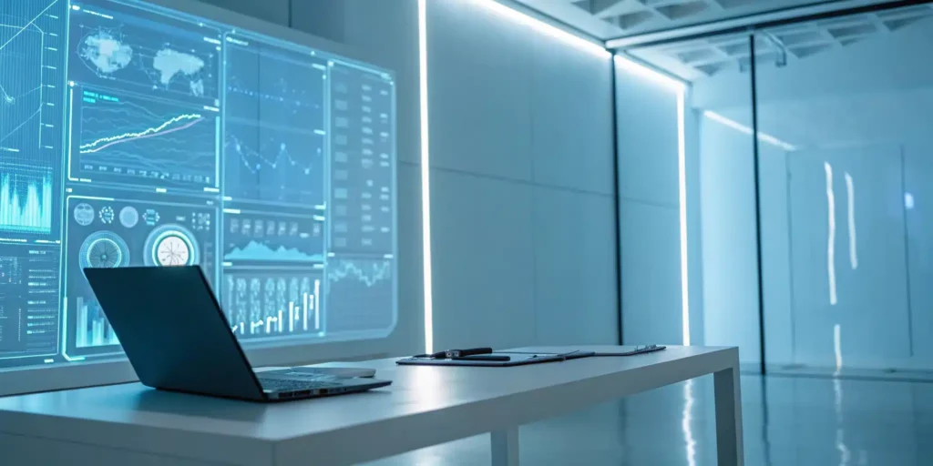 Cloud ERP software dashboard with data analytics for the pharma industry.