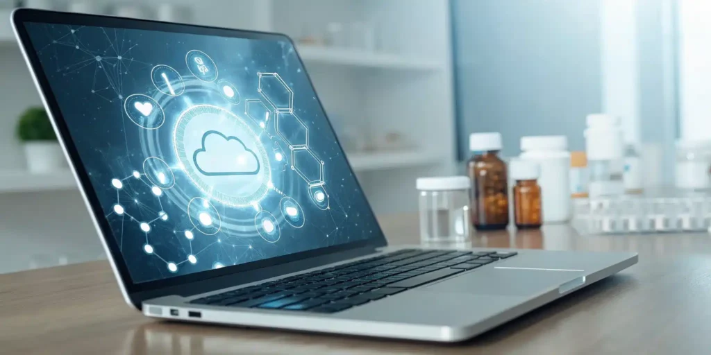 A laptop displaying a cloud ERP for virtual pharma manufacturers.