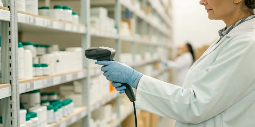 Lab technician scanning drug sample bottles for chain of custody tracking.