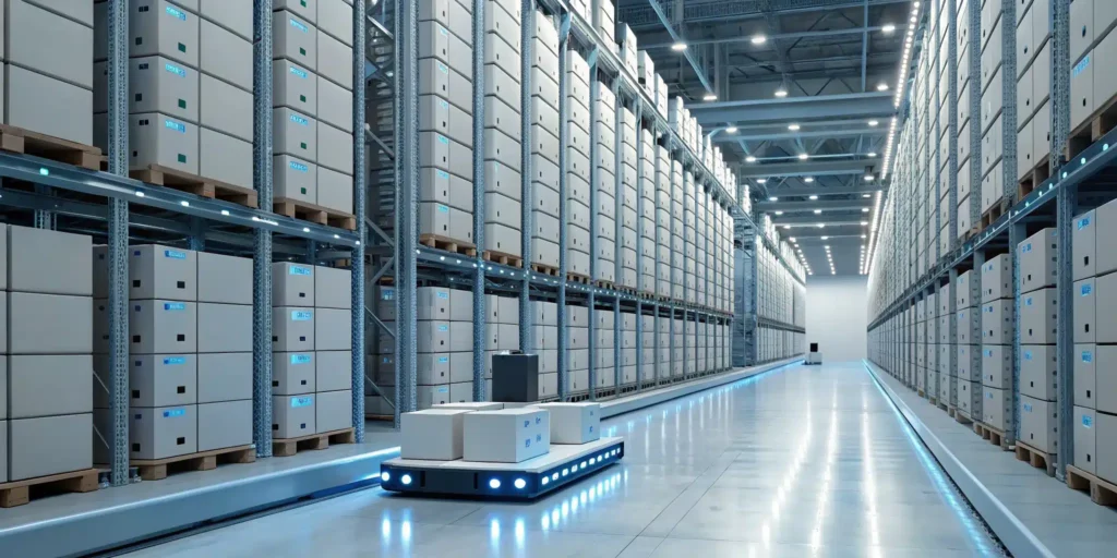 Automated warehouse robot organizing inventory boxes using a system for lot traceability.