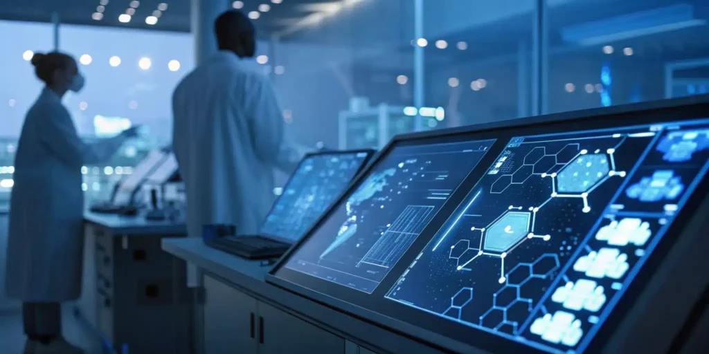 Scientists in a lab reviewing top cloud ERP vendors for life sciences on a computer.