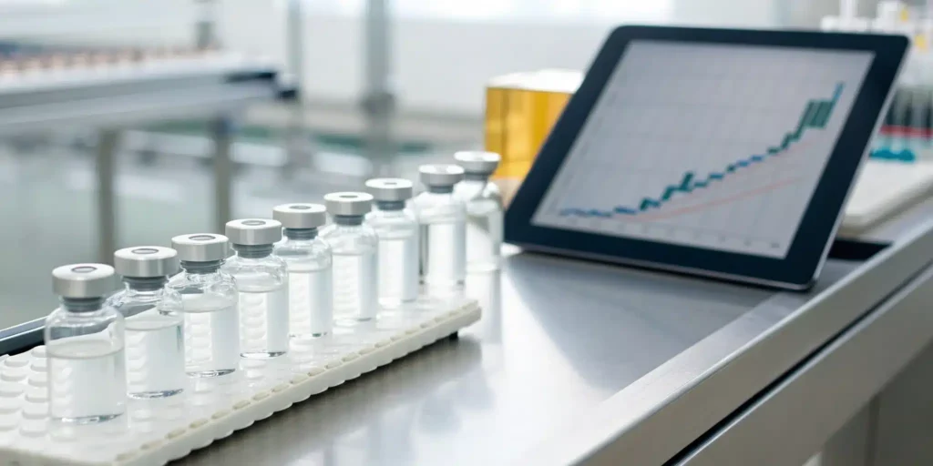 Tablet tracking DSCSA chain of custody documentation for vials on a lab bench.