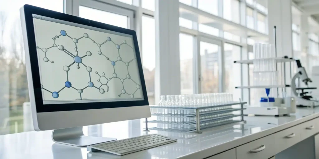Lab computer showing molecular data managed by a cloud ERP system for GxP compliance.