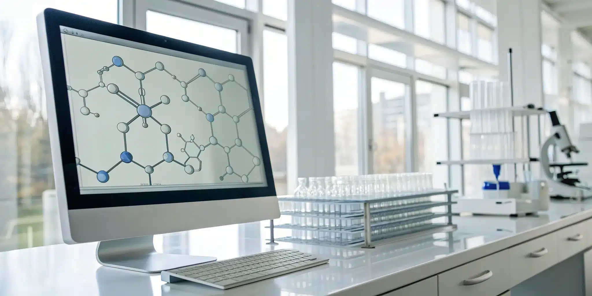 Lab computer showing molecular data managed by a cloud ERP system for GxP compliance.