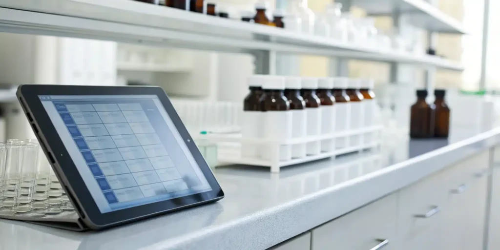 A tablet on a lab counter tracks drug expiration dates for medication bottles.