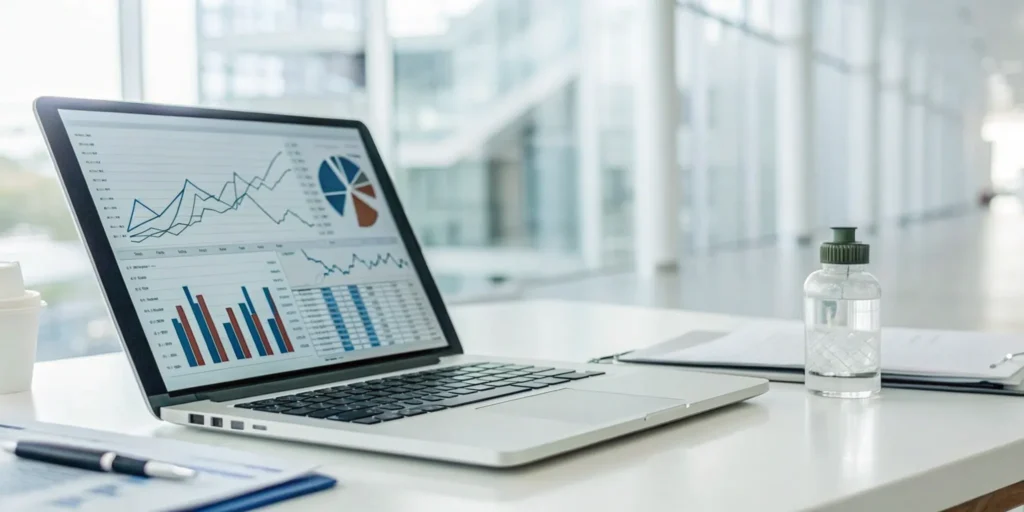 Analyzing the cost of a pharmaceutical distributor ERP on a laptop.