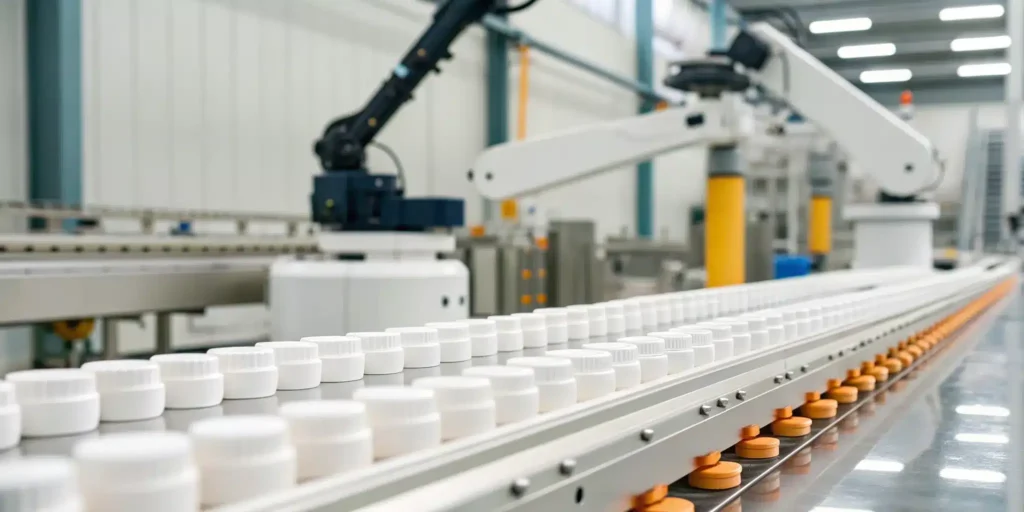 Top ERP for drug distributors managing an automated pharmaceutical packaging line with robotic arms.