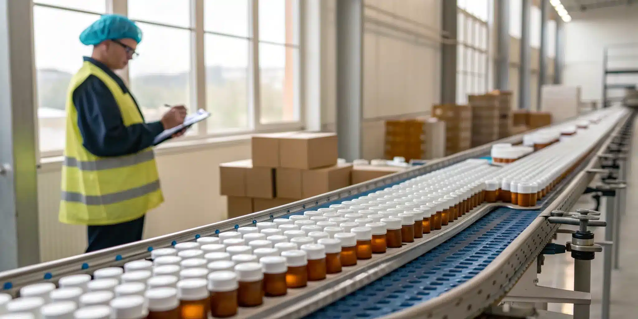 Worker inspecting drug containers on a conveyor belt for drug chain of custody.