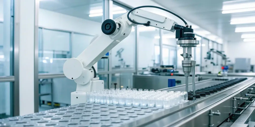 A robotic arm automates pharmaceutical vial processing using DSCSA compliance software.