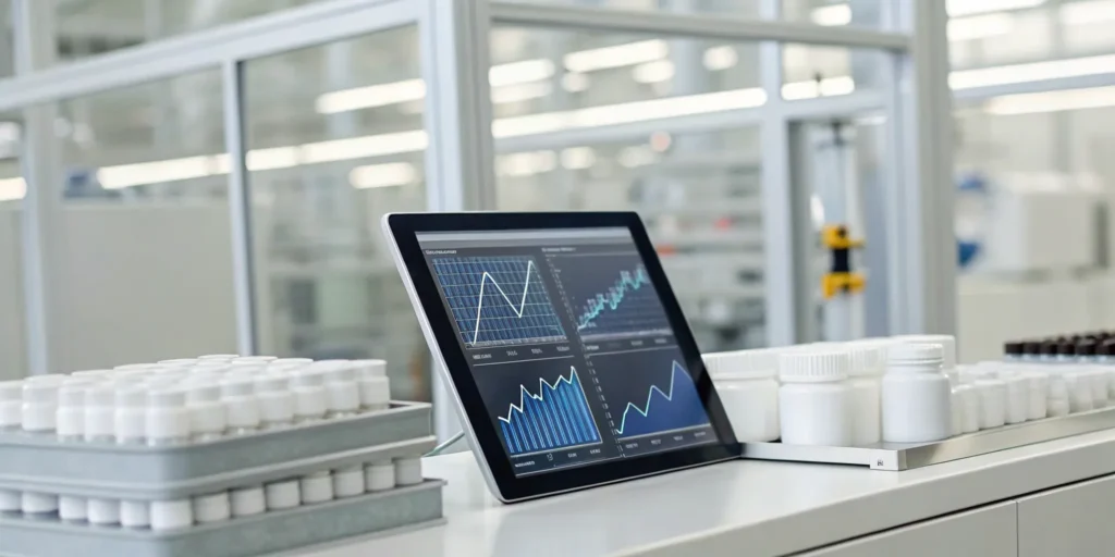 Pharma chargeback software displaying revenue analytics on a tablet in a lab.