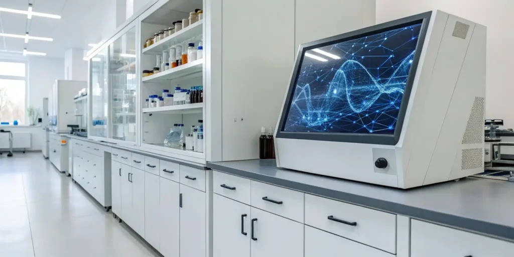Computer in a lab displaying an ERP system dashboard for drug production.