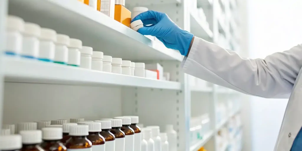 Drug recall management software helps a pharmacist accurately select medication from shelves.