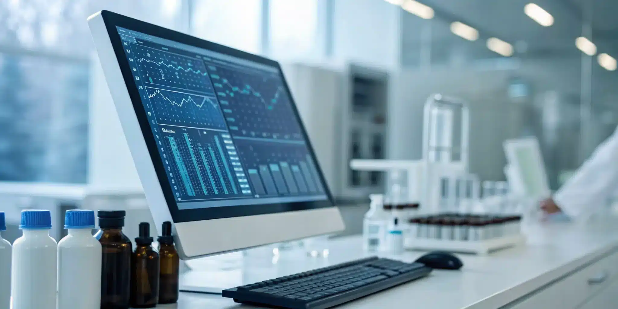 A pharmaceutical ERP system dashboard tracking compliance and supply chain data in a modern laboratory.