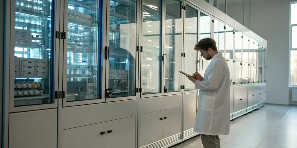 Scientist managing a SaaS ERP for pharmaceutical companies on a tablet inside a modern lab.
