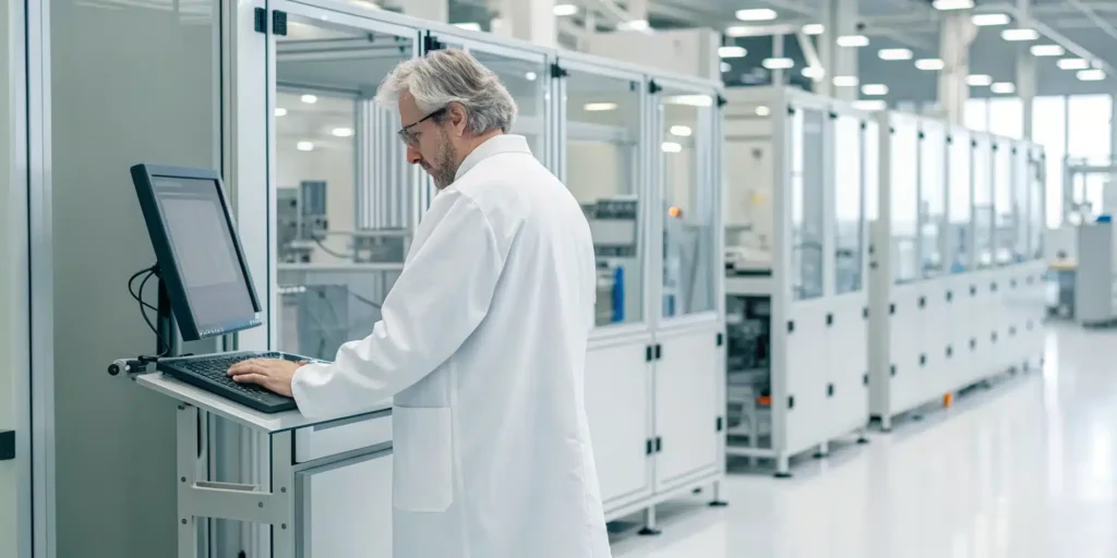 Scientist performing computer system validation in a pharmaceutical facility.