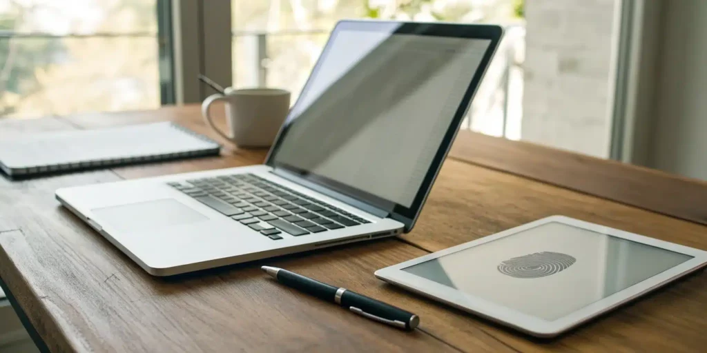 Comparing electronic signature vs digital signature security on a laptop with a fingerprint icon.