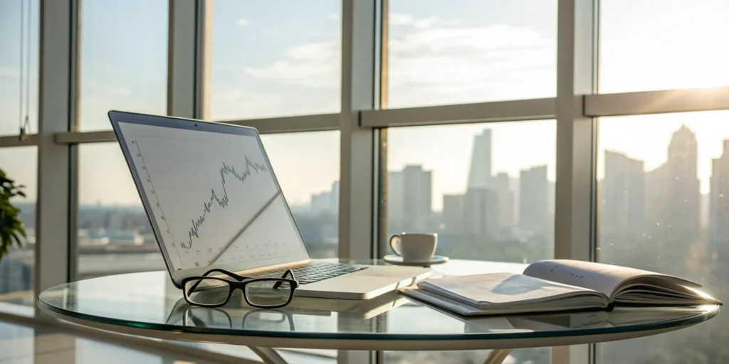 A person uses a laptop with a financial graph to understand how the VRS retirement plan works.