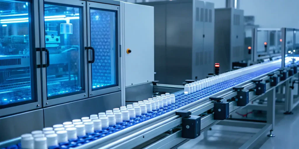 End-to-end drug tracing on an automated pharmaceutical production line with medicine bottles.