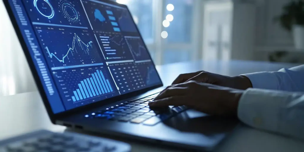 A person using a laptop to send EPCIS files for DSCSA compliance.