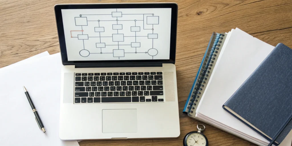 Laptop showing a process flowchart for a computer system validation SOP.