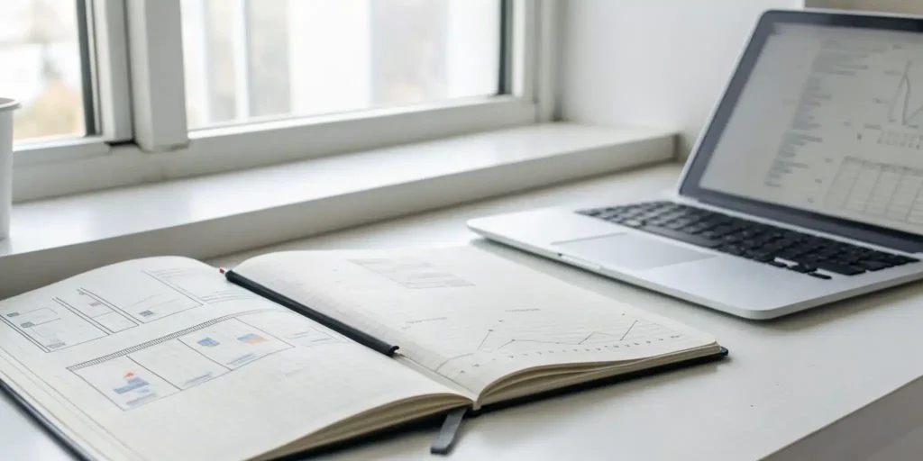 A desk with a laptop and notebook comparing the compliance guidelines of Part 11 vs Annex 11.