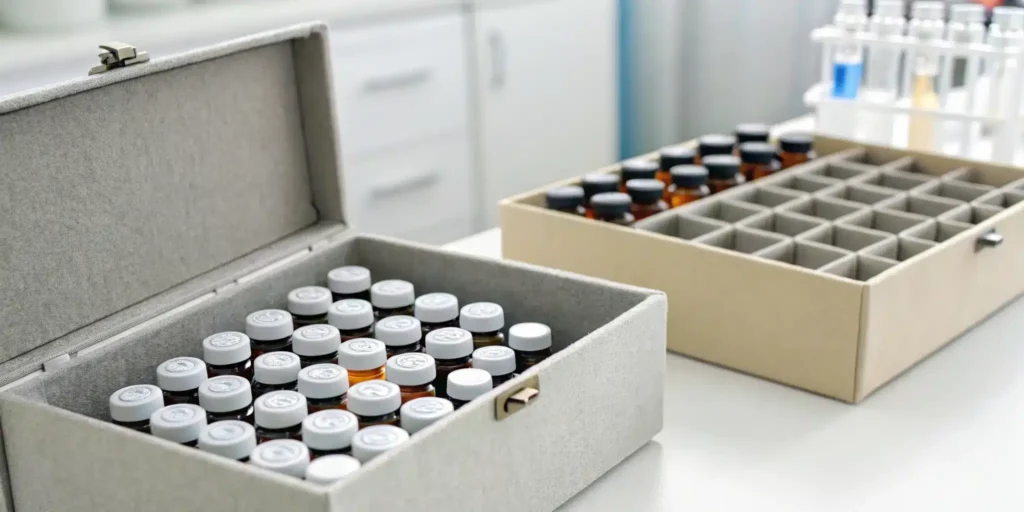 Vials with barcodes showing the difference between a serial number and a lot number for inventory tracking.