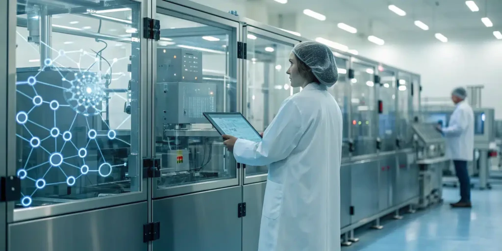 Lab technicians use a track and trace system for pharmaceutical supply chain traceability.