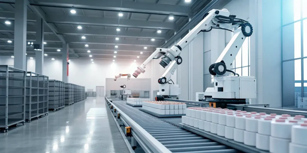 Robotic arms on a packaging line managed by an ERP for pharmaceutical wholesalers.