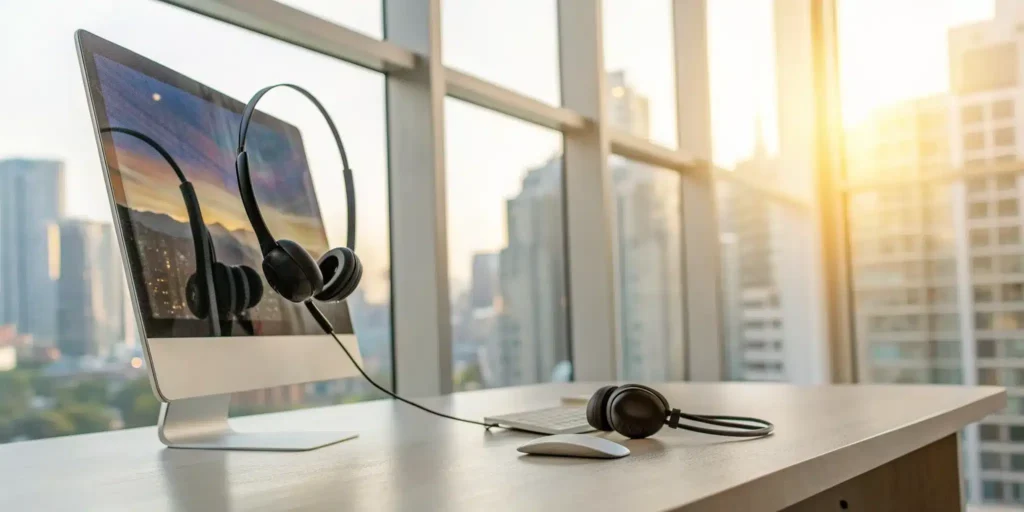 A desk setup with a computer and headset for comparing VRS providers.