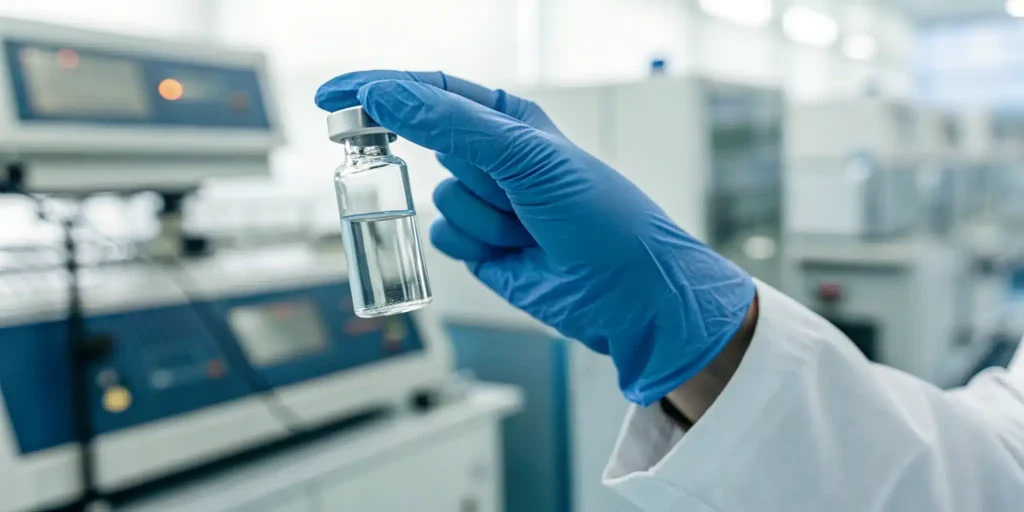 A gloved hand securely holds a vial for a controlled substance tracking system.