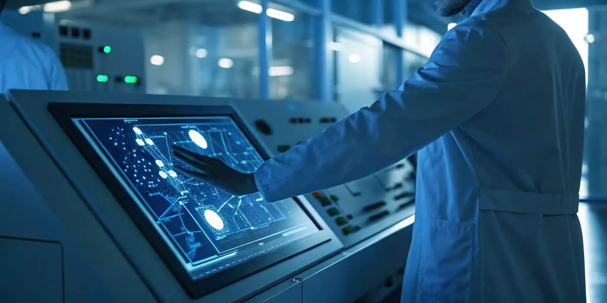 Scientist managing ALCOA+ data integrity on a touchscreen in a modern pharmaceutical lab.