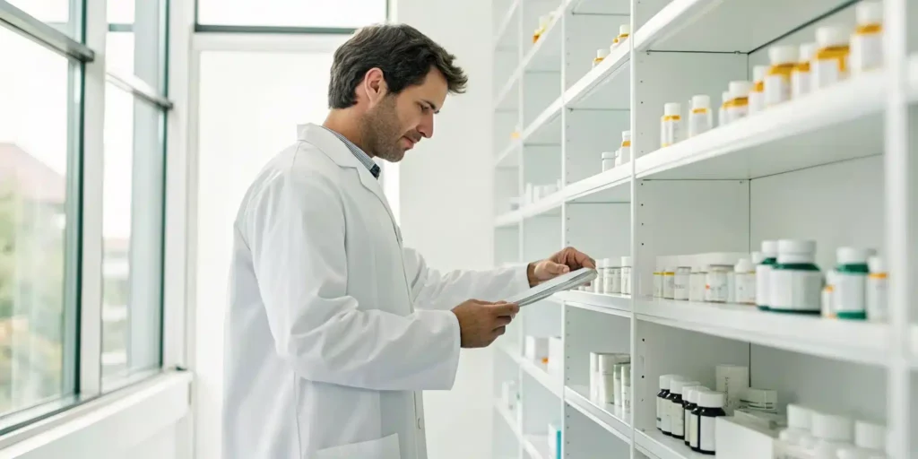 Pharmacist managing medication inventory for DSCSA compliance help.