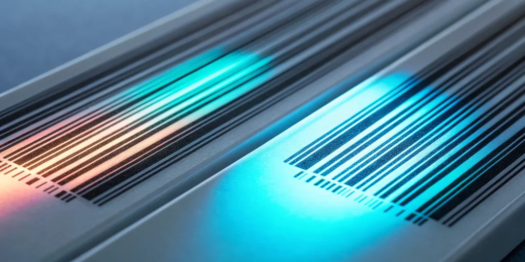 A scanner reads a barcode, comparing a product GTIN vs a unique item SGTIN.