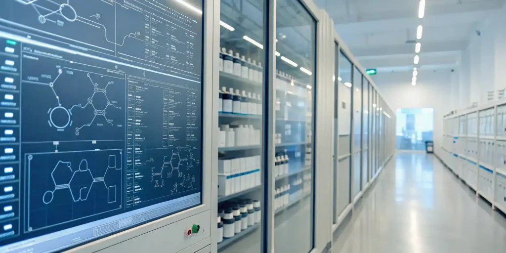 NDC level inventory tracking on a digital screen in a pharmacy, improving compliance and efficiency.