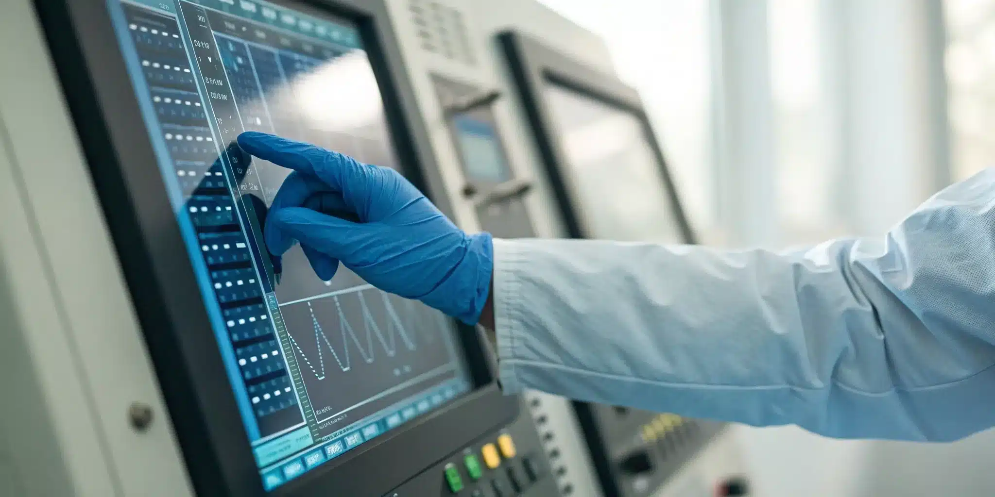Gloved hand performing computer system validation services on a lab touchscreen.
