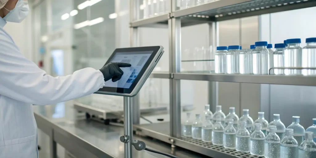 Pharmaceutical wholesale distribution software managing inventory on a tablet in a warehouse.