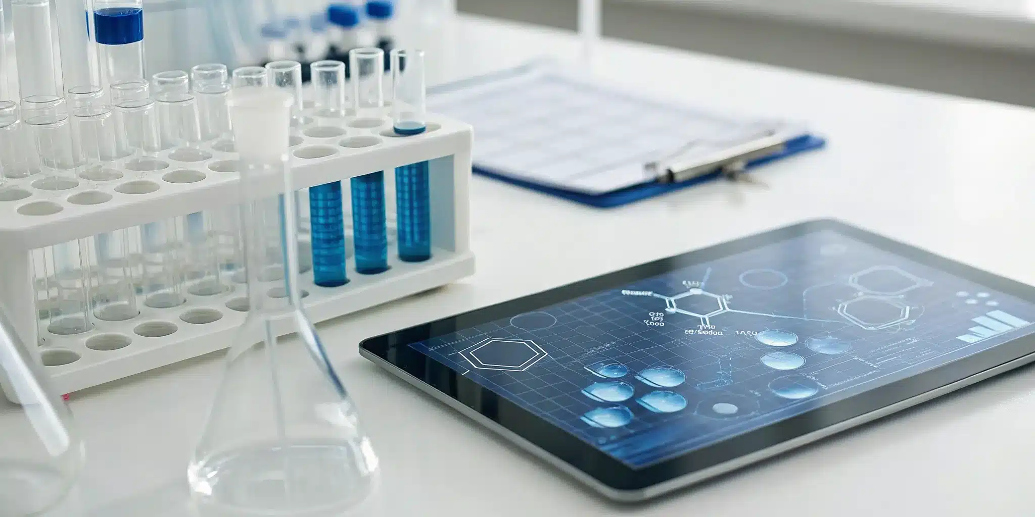 Pharmaceutical lot tracking software on a tablet in a laboratory setting.