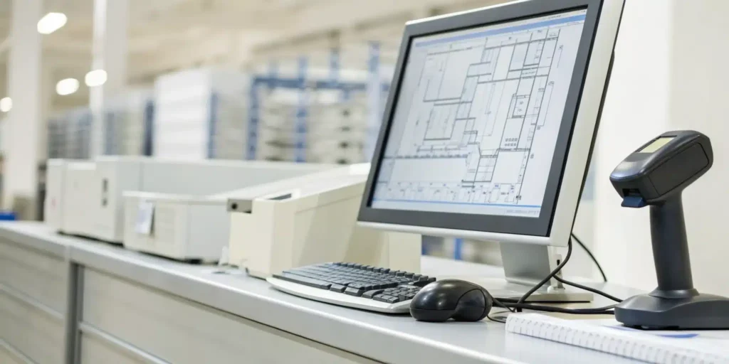 Generating an SSCC label in a warehouse with a computer, barcode scanner, and printer.