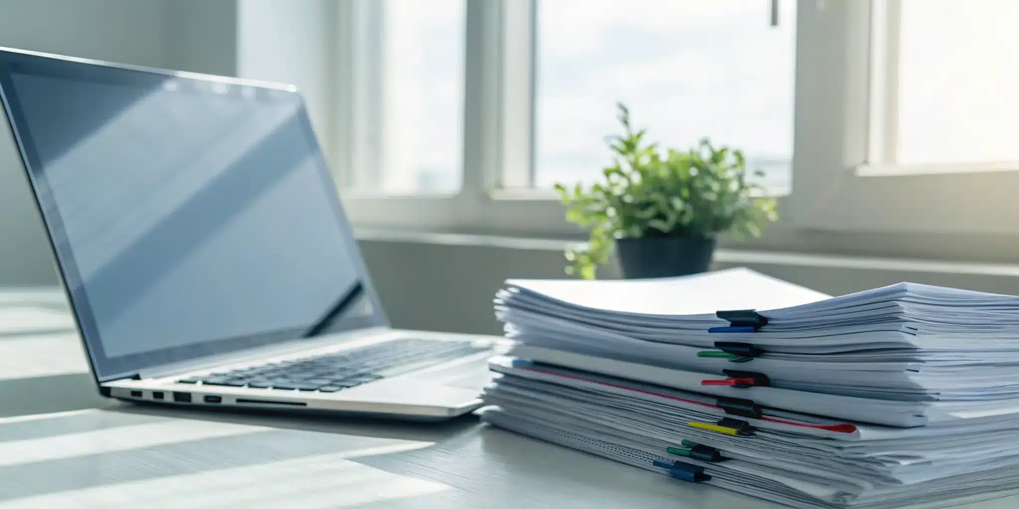 A laptop replacing stacks of paper, streamlining batch record management.