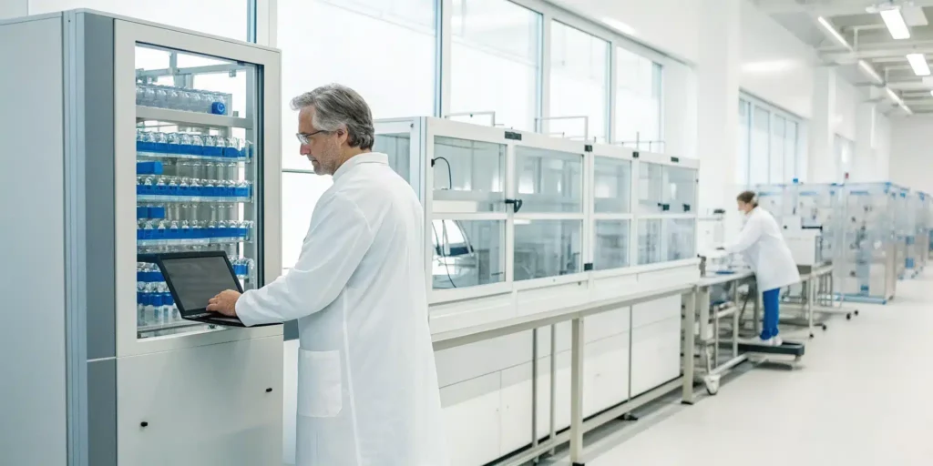 Pharma manufacturing professionals using ERP software for quality and compliance.