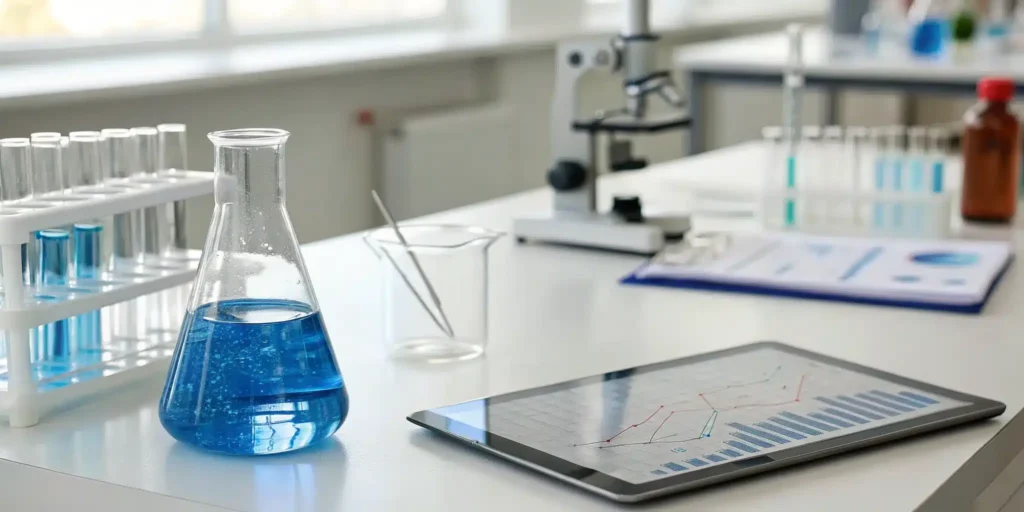 Modern lab with a microscope and tablet showing data for Quality by Design (QbD).