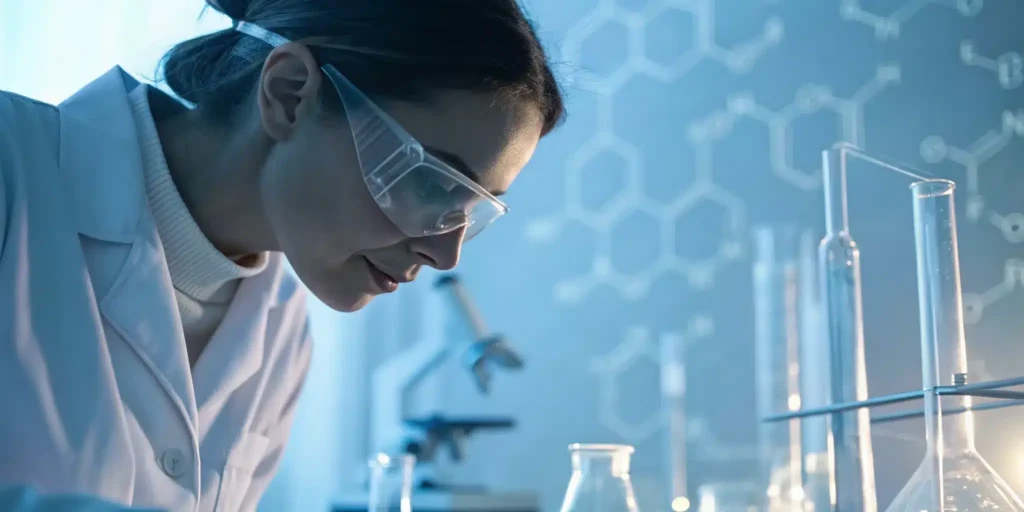 Scientist conducting a system risk assessment on equipment in a pharma laboratory.