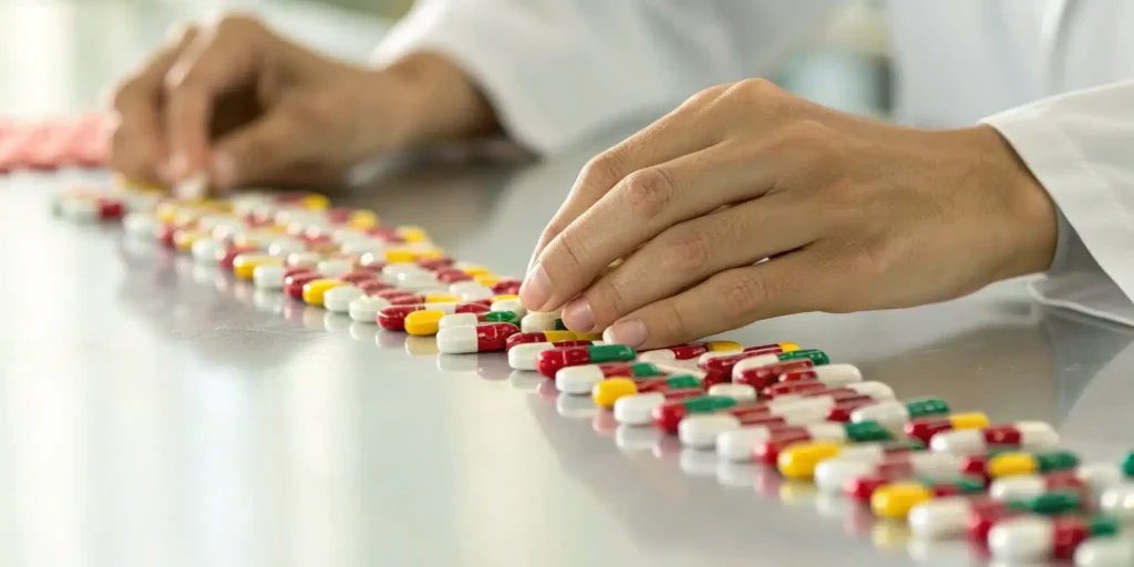 Hands applying a change control process to organize pharmaceutical pills.