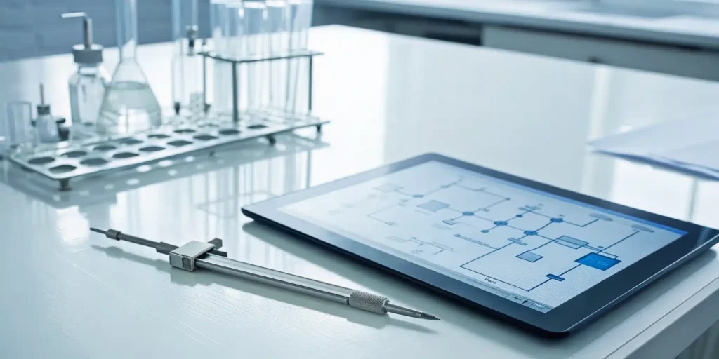 Tablet on a lab desk showing a step-by-step CAPA management process flowchart.
