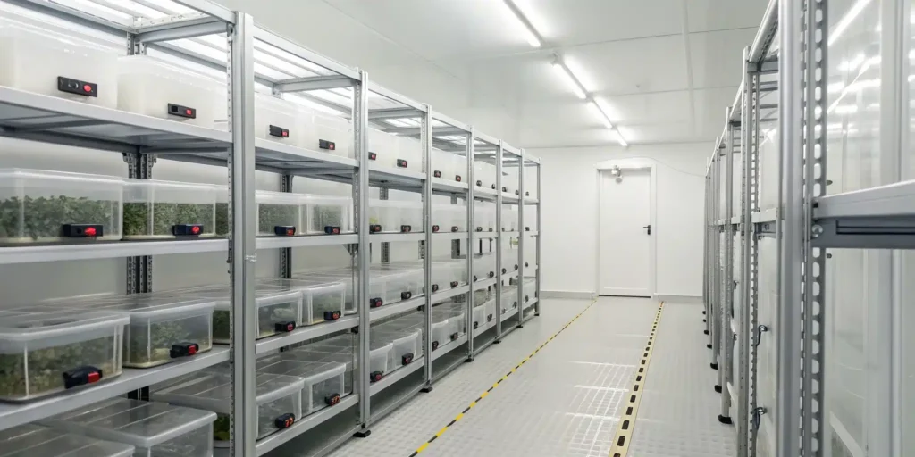 Data loggers tracking temperatures for pharma cold chain monitoring in a climate-controlled storage unit.