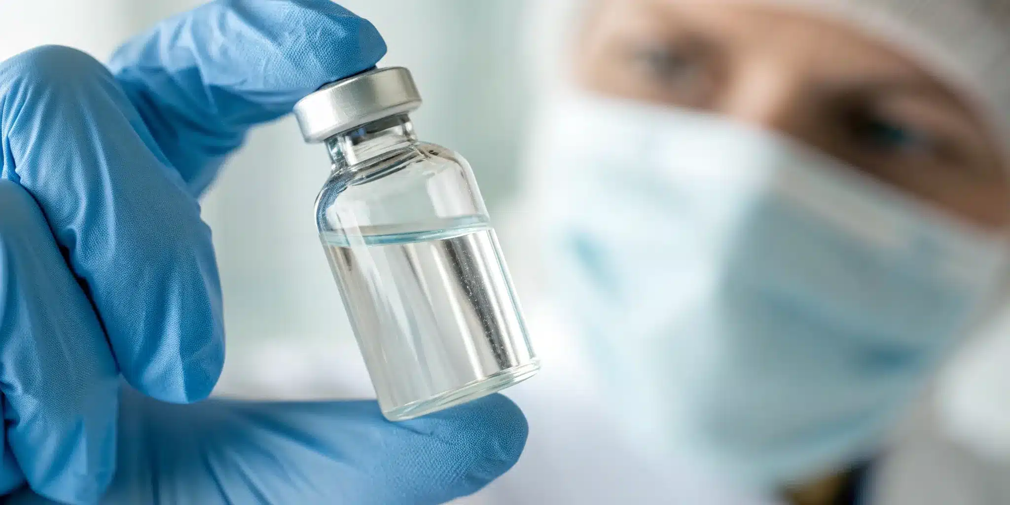 A gloved hand holds a pharmaceutical vial with a GS1 DataMatrix barcode for product traceability.