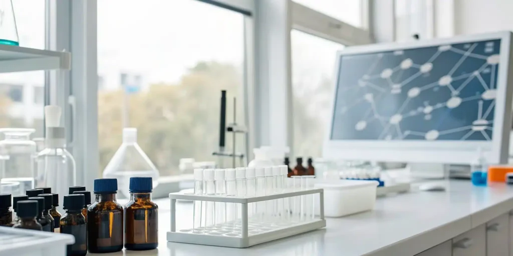 A computer in a lab displays pharmaceutical track and trace software for supply chain management.