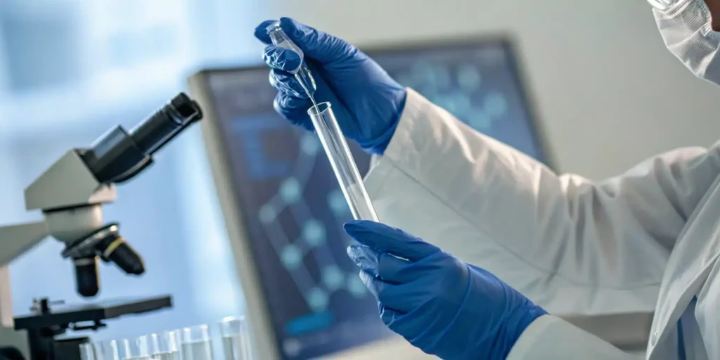 A scientist performing a risk-based validation test in a laboratory.